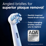 Angled close-up of an Oral‑B iO round brush head with callouts highlighting dentist‑inspired design and an ADA Accepted seal
