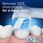 Close-up illustration of an Oral‑B iO round brush head cleaning a tooth with blue motion effects and plaque removal messaging