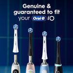 Graphic showing multiple Oral‑B iO brush heads in white and black mounted on various iO toothbrush handles