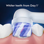 Close-up illustration of an Oral-B iO round brush head polishing a tooth with text claim about whiter teeth from day 1