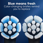 Two Oral‑B iO brush head close-ups showing blue color-changing bristles that fade to white to indicate replacement