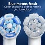 Two close‑up views of round Oral‑B iO brush heads showing blue color‑changing bristles and a headline about bristles reminding you to replace