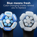 Two close-up views of Oral‑B iO brush heads showing blue color-changing bristles next to white bristles