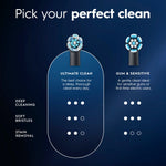 Feature chart comparing Oral‑B iO Ultimate Clean and Gum & Sensitive round brush heads on cleaning and bristle softness