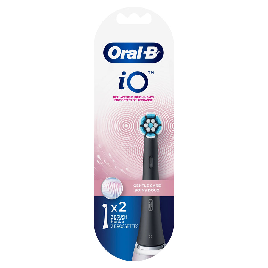 Oral‑B iO replacement brush head retail blister card showing a black Gentle Care brush head and “x2” pack label