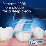 Close-up graphic of an Oral‑B iO round brush head cleaning a tooth with text about removing plaque