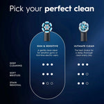 Comparison infographic showing Oral‑B iO gum & sensitive brush head features versus ultimate clean head on dark background