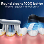 Split graphic comparing a manual toothbrush and an Oral‑B iO round brush head cleaning teeth with text about effectiveness