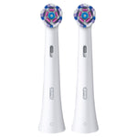 Two Oral-B iO round replacement brush heads shown upright with visible bristle pattern and white necks