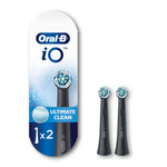 Oral‑B iO Ultimate Clean replacement brush heads in black shown next to branded blister pack