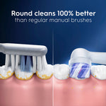 Illustration comparing manual toothbrush bristles to Oral-B round brush head cleaning on teeth, with performance claim