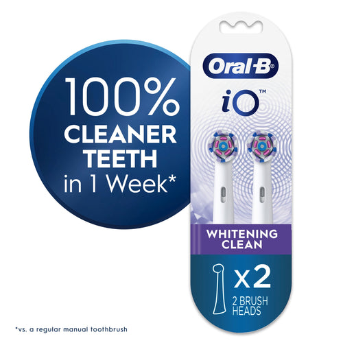 Oral-B iO whitening clean replacement brush heads packaging with promotional 100% cleaner teeth badge