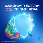 Blue infographic with glowing shield, chameleon character and claim of 75% more plaque removal for Oral‑B Kids toothbrush.