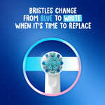 Graphic showing round brush head and text stating bristles change from blue to white when it’s time to replace for Oral‑B Kids.