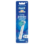 Oral-B Kids branded blister pack front showing a replacement brush head, blue background and 'Cavity Protection' text.