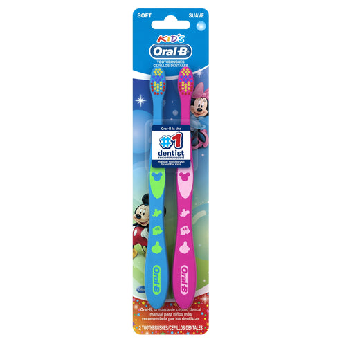 Oral‑B Kids Disney blister pack showing two soft‑bristle manual toothbrushes with Mickey and Minnie graphics