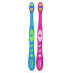 Two Oral‑B Kids manual toothbrushes on white background - one blue and one pink, each decorated with Disney character icons