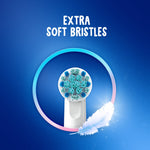 Closeup graphic of round brush head with extra soft bristles and feather icon illustrating gentle cleaning for Oral‑B Kids.