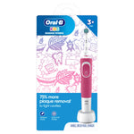 Packaged Oral‑B Kids rechargeable toothbrush in pink shown on white background with illustrated packaging artwork