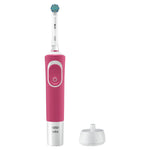 Pink Oral‑B Kids electric toothbrush handle with brush head attached and separate charging base on white background