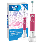 Oral‑B Kids pink rechargeable electric toothbrush shown with packaging box and charging base on white background