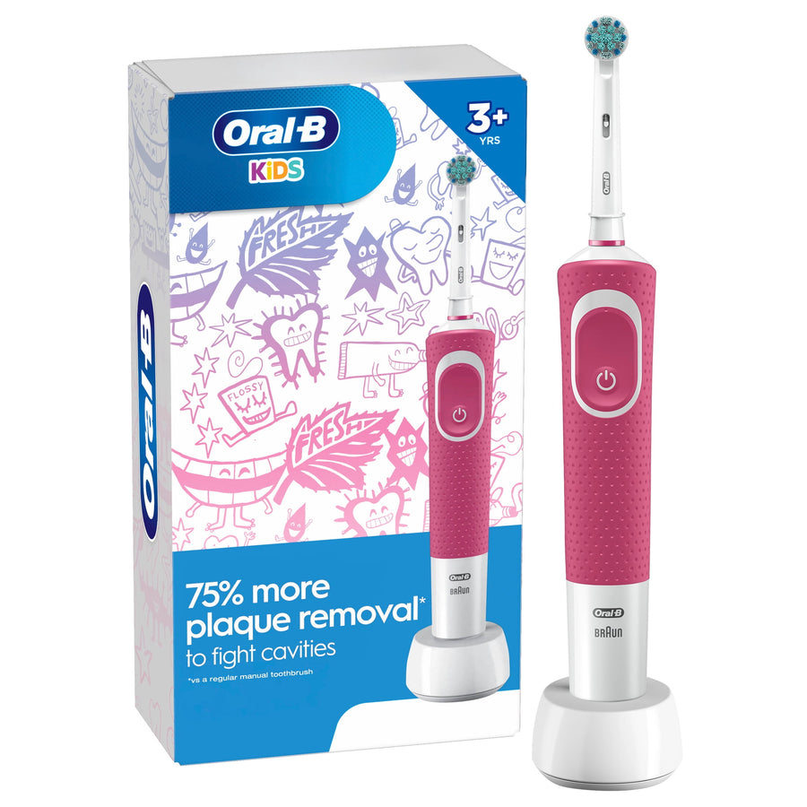 Oral‑B Kids pink rechargeable electric toothbrush shown with packaging box and charging base on white background