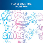 Playful pastel doodle artwork with smiling teeth and the word ‘SMILE’ under a blue banner reading ‘MAKES BRUSHING MORE FUN’.