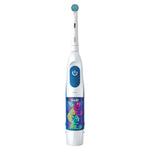 Close-up of an Oral‑B kids battery toothbrush handle and round brush head with chameleon character sticker on the lower handle.