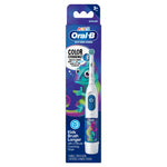 Tall retail box for Oral‑B kids battery toothbrush showing a white toothbrush image and colorful chameleon artwork on blue background.