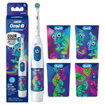 Oral‑B kids battery toothbrush with blue power button, packaging box and four colorful chameleon handle stickers on white background.