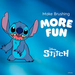 Blue promotional graphic with Stitch illustration and text 'Make Brushing More Fun' alongside the Oral-B toothbrush.
