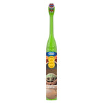 Standalone green Oral-B kids toothbrush with Mandalorian character artwork on the handle shown on white background
