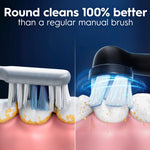 Split illustration comparing a manual toothbrush and an Oral‑B iO round brush head removing plaque from teeth