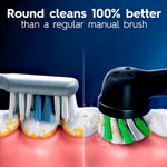 Split illustration showing a manual brush vs an Oral‑B round brush head removing plaque from teeth.