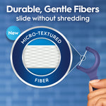 Graphic showing micro-textured fiber cross-section and a hand holding a purple Oral-B Glide pick with headline about durable, gentle fibers.