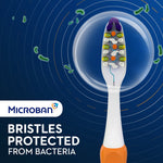 Close-up graphic of an Oral‑B toothbrush head inside a protective bubble with Microban logo and bristles protected message.