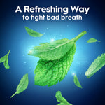 Close-up stylized mint leaves on a blue background with text about a refreshing way to fight bad breath