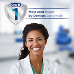 Smiling dental professional in a clinic scene with an Oral-B badge and text 'Most used brand by Dentists worldwide'.