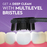 Graphic showing a black toothbrush head with multilevel bristles hovering over stylized teeth and text about deep clean.