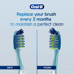Side-by-side comparison graphic of a new versus worn Oral-B CrossAction toothbrush head with replacement guidance