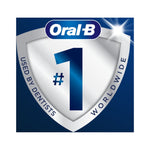 Oral-B branded shield graphic with a large #1 and text declaring used by dentists worldwide on blue background