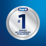 Circular silver seal graphic with Oral‑B logo and large #1 claim stating dentist recommended worldwide