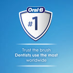 Oral-B branded shield graphic on blue background with text claiming #1 and a dentist trust message