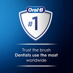 Oral‑B shield graphic with "#1" and text claiming dentists use the brush the most worldwide on blue background