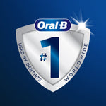 Shield emblem graphic with Oral‑B logo and '#1 used by dentists worldwide' on a blue background