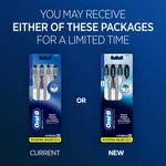 Promotional graphic showing current and new Oral‑B packaging side by side on a blue background with headline text
