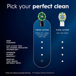 Graphic comparing CrossAction and Floss Action round brush heads with feature bullets and product images.