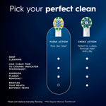 Comparison infographic titled 'Pick your perfect clean' showing FlossAction and CrossAction brush head illustrations and feature dots.