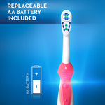 Pink-handled Oral-B battery toothbrush against blue background with AA battery icon and claim text