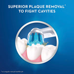 Graphic close-up of an Oral-B electric brush head cleaning teeth with text 'Superior plaque removal to fight cavities' on blue background.
